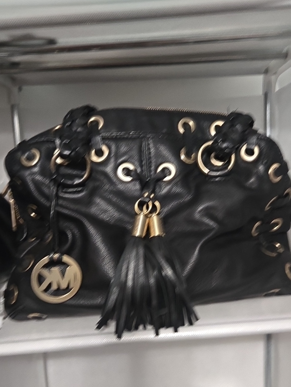 Michael Kors Black Leather Braided-Handle Shoulder Bag with Tassel